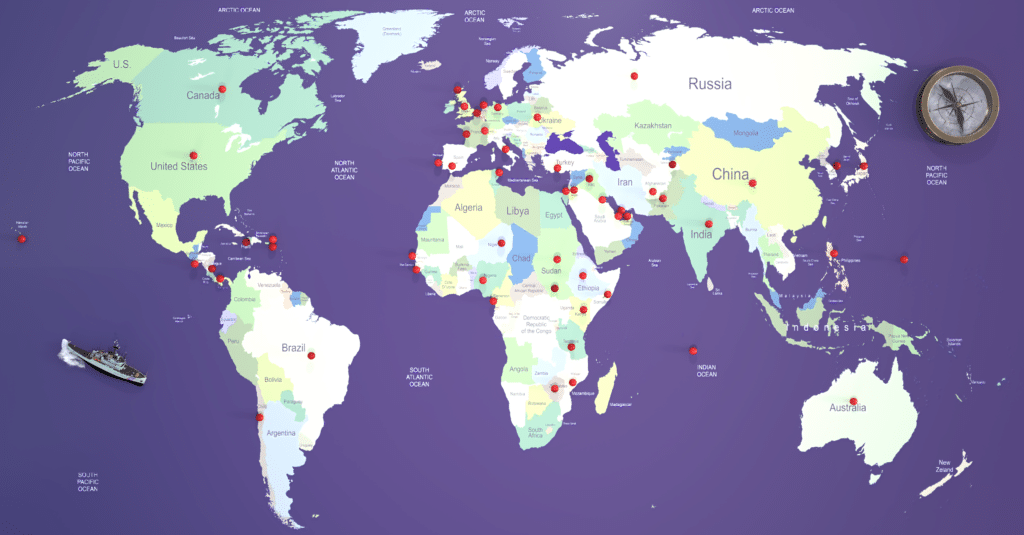 Blue oceans and shades of green and blue land masses with red pins on a world map signifying where Helen has worked with resumes.